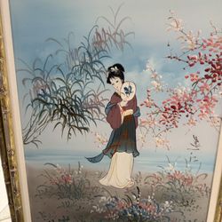 Antique Signed Japanese Geisha Painting. 