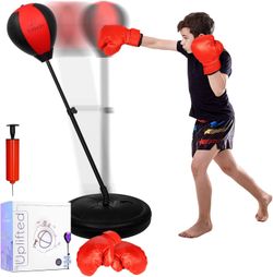 Salljogo Punching Bag for Kids, Adjustable Boxing Ball with Stand, Gloves & Hand Pump, Ages 5-10, Red & Black