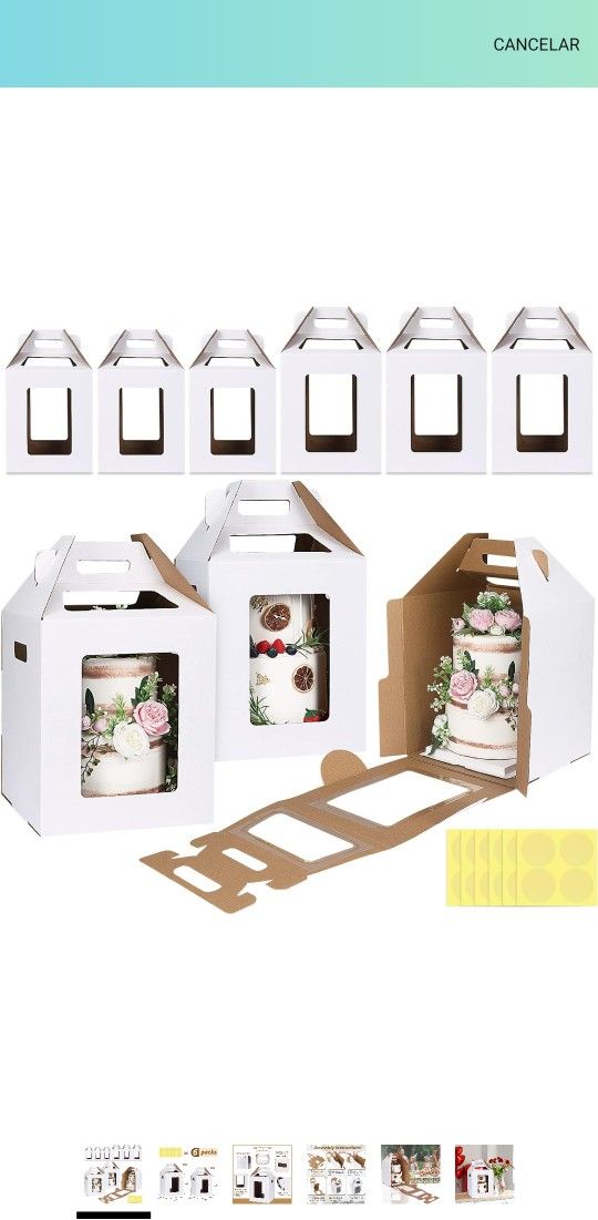 Moretoes 6 Pack Cake Boxes, 2 Sizes 10x10x12 Inch and 12x12x14 Inch, Large Cake Boxes, Disposable Cake Containers for Mother's Day, Birthday, Wedding