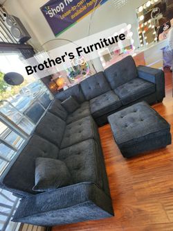 Sectional sofa L Shape W Ottoman Slate Black Chenille Fabric. New Especial price