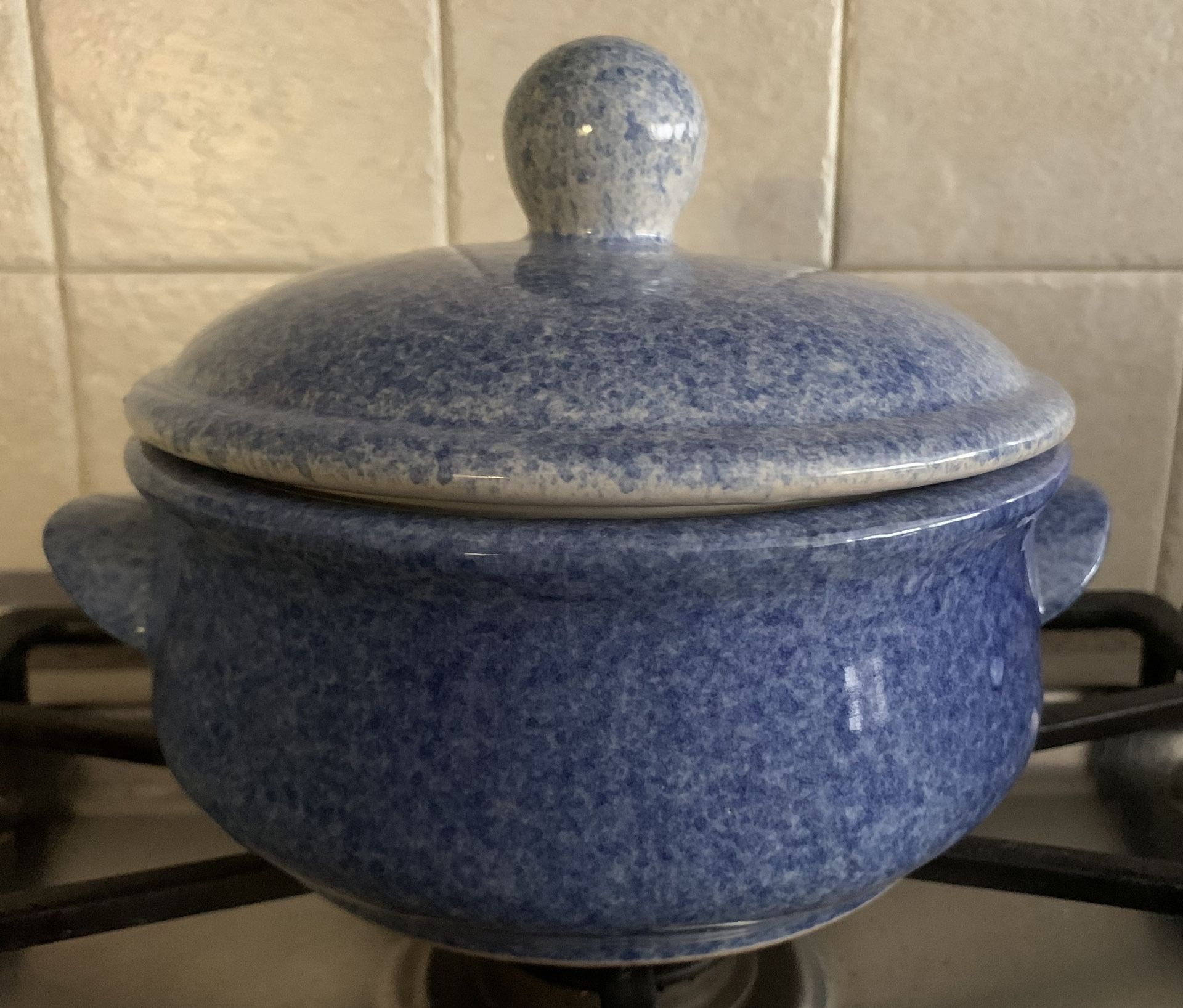 Antique Blue Speckled Spongeware Ceramic Casserole Dish & Lid with Lug Handles