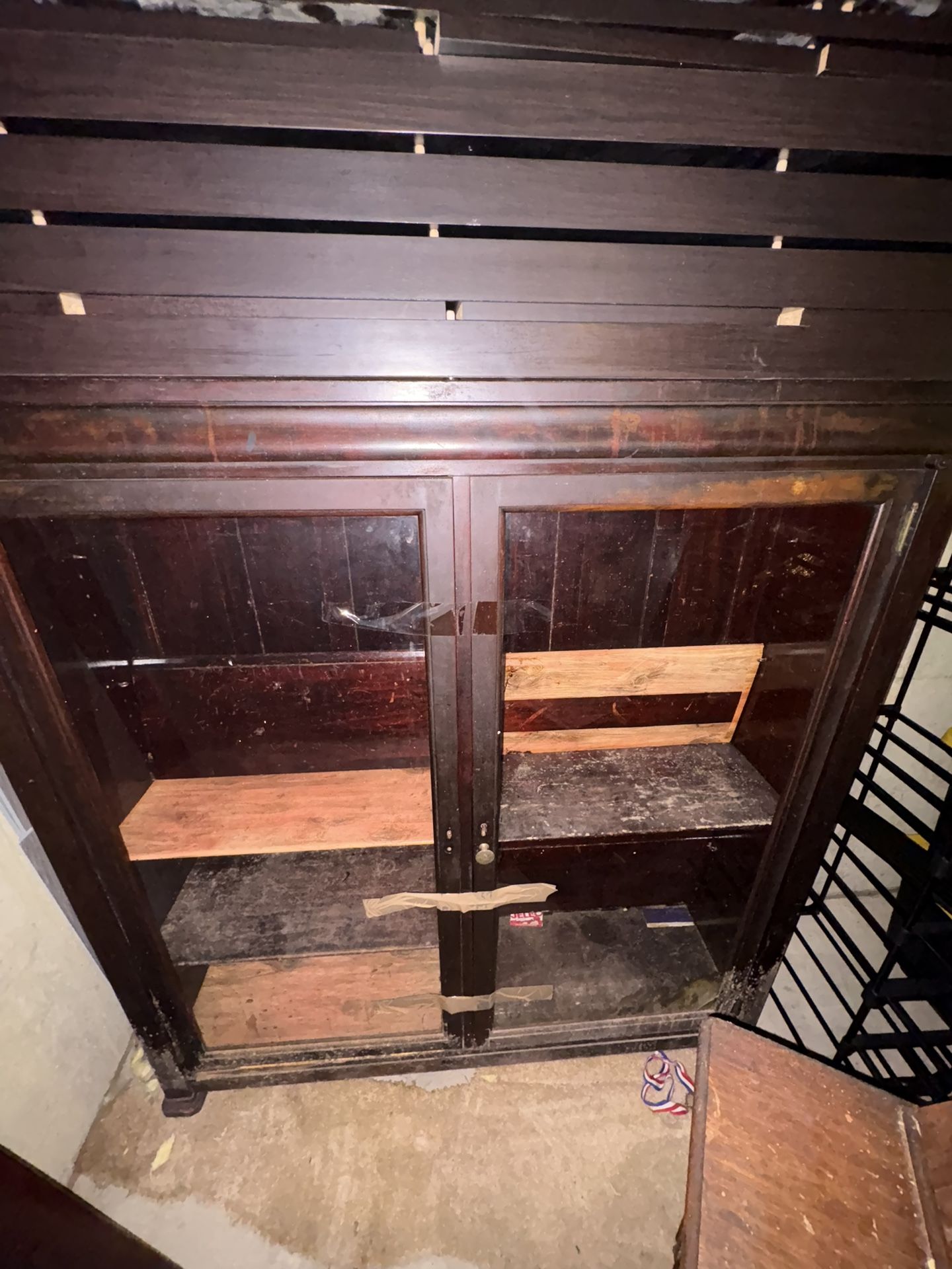 Antique Wooden Display Cabinet with Glass Doors – Needs TLC