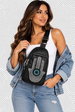 Black Hamsa Evil Eye Rhinestone Sling Bag
