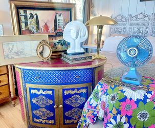Pink And Royal Blue Florentine Style Rounded Cabinet Console