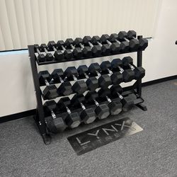 (New In Box) 5-75lb Rubber Hex Dumbbells With 3 Tier Dumbbell Rack Weights Home Gym Fitness Workout