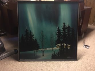 Canvas log cabin snow painting