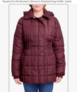 Royalty For Me Detailed Snap Puffer Jacket Hooded Mid-Length Snap/Zip M Burgundy