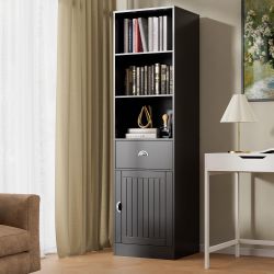Cozy Castle Bookshelf with Door and Drawer, 3 Shelf Bookcase, 3-Tier Freestanding Tall Bookcase, Display Shelf with Cabinet, Narrow Bookshelf for Bedr