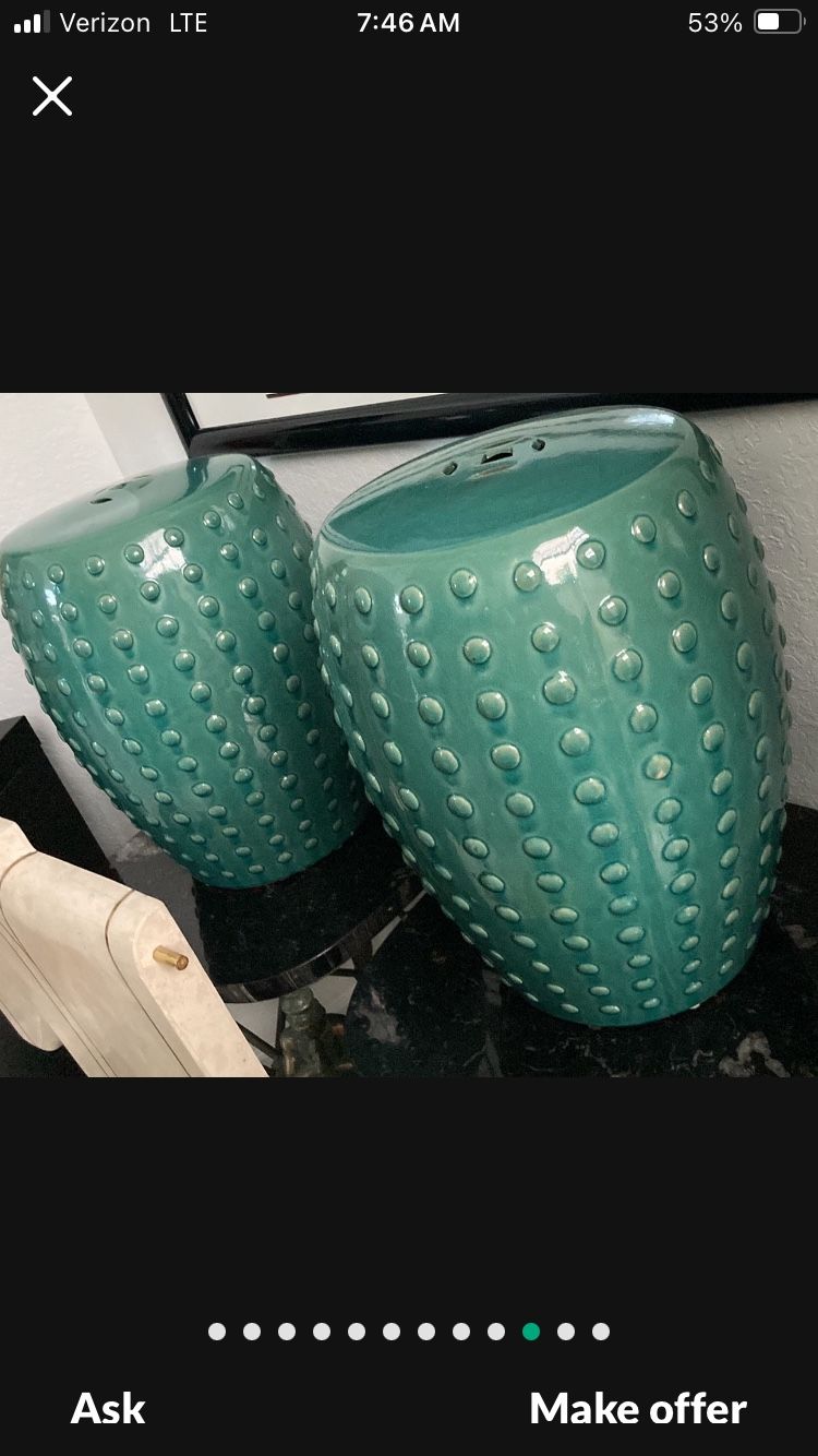 2 Jade Green Garden Stools. PAIR. Asian Chinese Chinoiserie Ceramic. Reduced To $250 For The Pair.