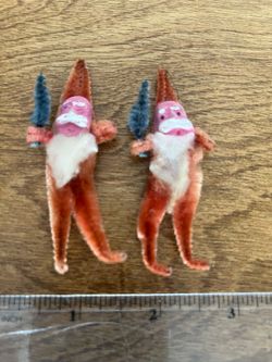 Vtg MCM Pair Clay Face Santas Chenille Body & Green Tree Ornaments