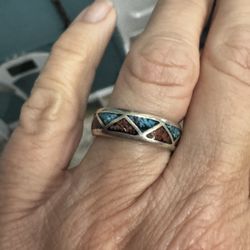 Navajo Turquoise & Coral Ring - 7