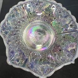 Vintage Fenton White Iridescent Button And Daisy Ruffled Serving Bowl 11”x4”