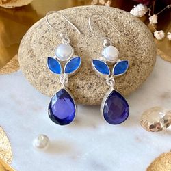 Sapphire, Chalcedony And Biwa Pearl 925 Sterling Silver Overlay Earrings