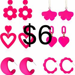 Hot Pink Heart Earrings Flower Multicolor C Shape Acrylic Resin Boho Floral Petal C Hoop Statement Dangle Earrings for Women