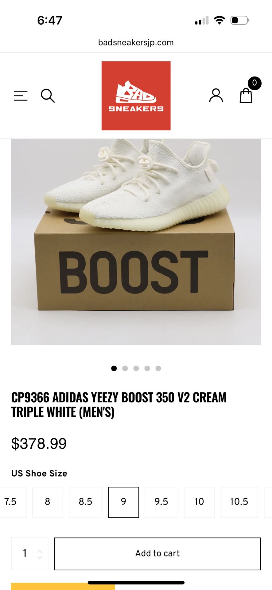 CP9366 ADIDAS YEEZY BOOST 350 V2 CREAM TRIPLE WHITE (MEN'S) 9
