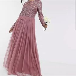 delicate sequin long sleeve maxi dress with tulle skirt in rose
