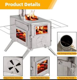 Camping Tent Stove, Portable wood burning stove with pipe for tent, heating burner stove
