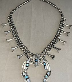 119g Vintage Mop,Turquoise,Onyx Sterling Silver Squash Blossom Necklace 