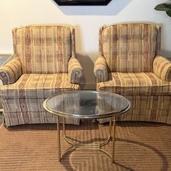 2 Vintage Mid Century Ethan Allen Traditional Classics Tweed Plaid Skirted Tufted Armchairs
