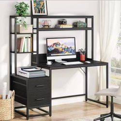 J0378 55 Inch Computer Desk with 2 Drawers and Storage Shelves, Rustic Office Desk with Hutch, Study Writing Gaming Table Laptop Workstation for Home 