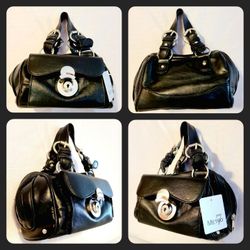 Metro7 Doctor Bag Lock Clasp Purse Black Faux Leather Handbag Buckle Top Handles