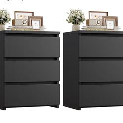 Nightstand Set of 2 Black Nightstand with 3 Drawers, Black 