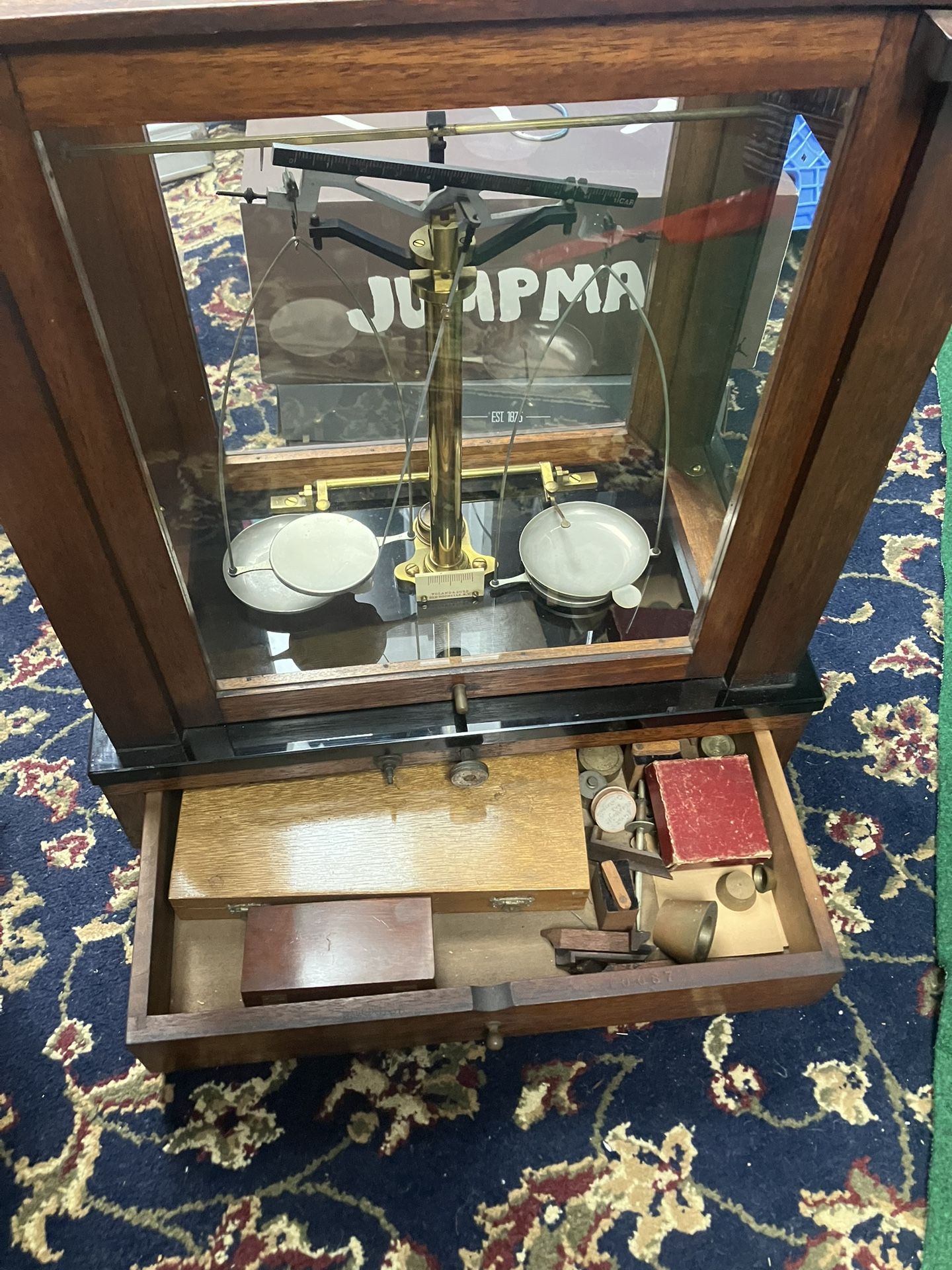 Vintage Voland & Sons Diamond Jewelry Pharmaceutical Scale Glass Encased Drawer Works Greatb