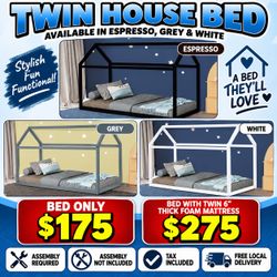 Twin house bed. Available in espresso, white, & grey. Assembly required. Assembly not included. Tax included. Free local delivery.  Bed only-$175 Bed 