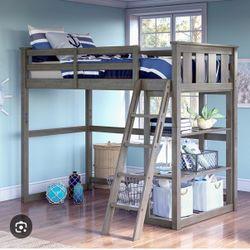 Wood Loft Bed with Shelving and Ladder