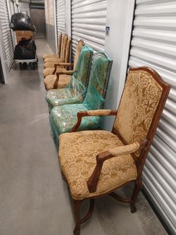 8 Vintage French Regence style walnut high-back armchair with gold damask upholstery. Made in Italy.