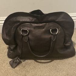 Authentic Vintage Prada Dark Aubergine Soft Nappa Leather Ruffle Tote – Rare Sculptural Side Detail – Made in Italy