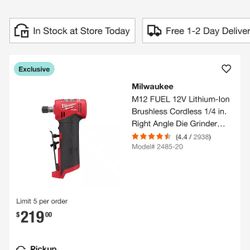 Milwaukee M12 FUEL 12V Lithium-Ion Brushless Cordless 1/4 in. Right Angle Die Grinder Battery Xc3.0