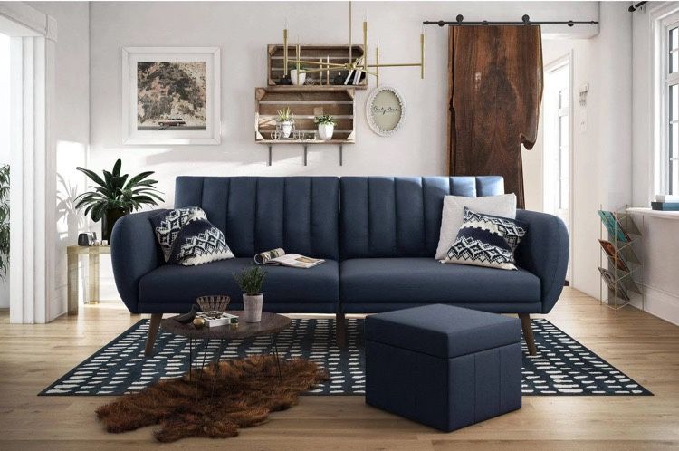 Blue Linen Convertible Sofa Bed 