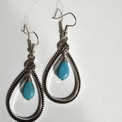 TURQUOISE BLUE HOWLITE BOHO NAVAJO SILVER PEAR HOOP SWING EARRINGS