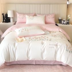 New Embroidered Cotton Duvet Cover Set Queen Elegant Tulip Embroidery Bedding Set 3 Pcs, 1 Comforter Cover 2 Pillowcases Zipper Soft and Breathable 