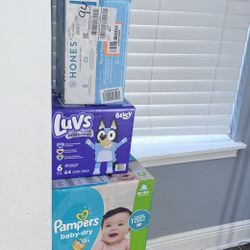 Boxes of diapers never used, various sizes: