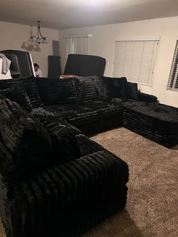 Brand New Plush Large Black Corduroy Sectional Sofa