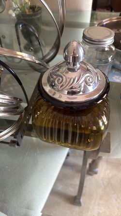 Amber Glass Jar with Ornate Silver Lid