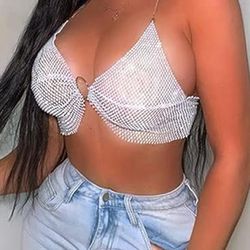 Women Shiny Rhinestones Backless Crop Tops Tank Top Sexy Halter See Through Camisole for Night Out Party Clubwear