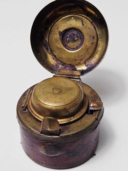 Antique Victorian Brass Leather-Covered Traveling Inkwell 1880s