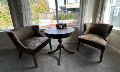 Round Wood Bistro Table & 2 Upholstered Accent Chairs