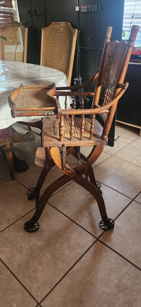 Antique Oak Collapsible High Chair