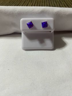 925 Sterling Silver Princess Cut Blue Violet Natural Opal Earrings