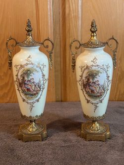 Antique Sevres Style Porcelain Urns Pair - Signed Lebrun (As-Is) Please Read Description
