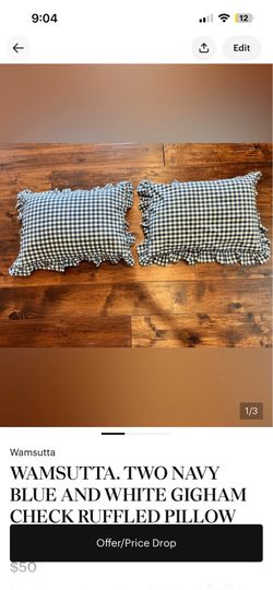WAMSUTTA. TWO NAVY BLUE AND WHITE GIGHAM CHECK RUFFLED PILLOW SHAMS. KING.