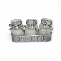 Rae Dunn Happy Easter Galvanized Metal Mason Jar LED Candle Trio Decor