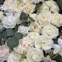 White And Ivory Roses Peonies Eucalyptus Artificial Flowers Garland, Arch Faux Flower Garland Arrangement