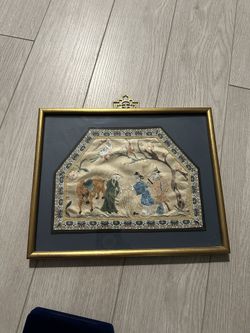 Antique Framed Wooden Backing Chinese Embroidery Silk Panels Tapestry Handmade
