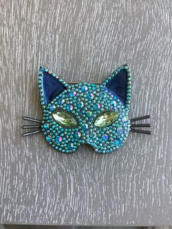 Beautiful Blue Enameled Cat Face Mask W/ Green Eyes & Sparkling Blue & Light Pink Rhinestones