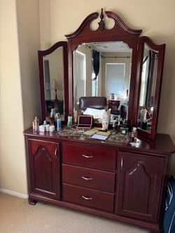 Cherry Wood Dresser with Tri-Fold Mirror